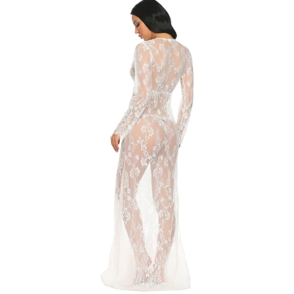Sexy White Lace Maxi Dress Empire Waist Sheer Full Length Gown Long Lingerie New - Picture 8 of 12